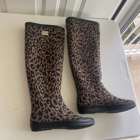 Dav leopard print knee high knit exterior rain boots - Picture 2 of 6